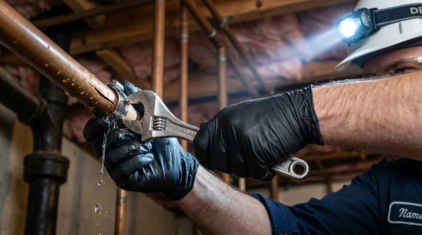 Emergency pipe clamp repair being performed by a Johns Plumbing LLC plumber in Albany