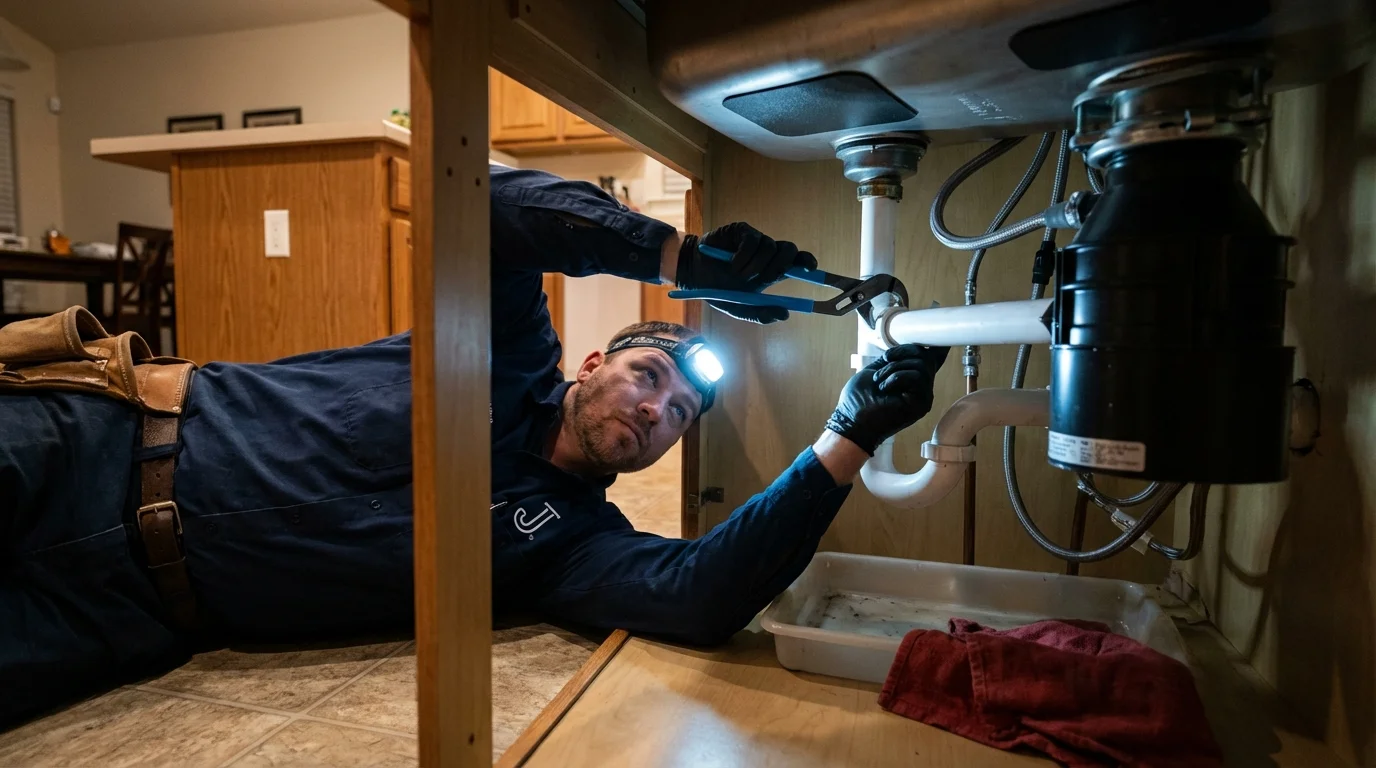 P-trap and supply line connections under a kitchen sink showing a common leak point in Albany, GA